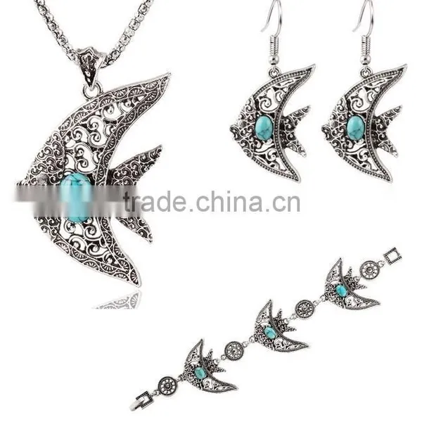 Retro Alloy Turquoise Tortoise Jewelry Sets Earring Statement Pendant Chain Chocker Necklace Set With Bracelets photo-2