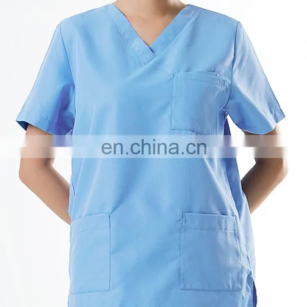 V-neck 3 Pocket Blue Polyester Cotton Oem Medical Scrub Suits photo-5