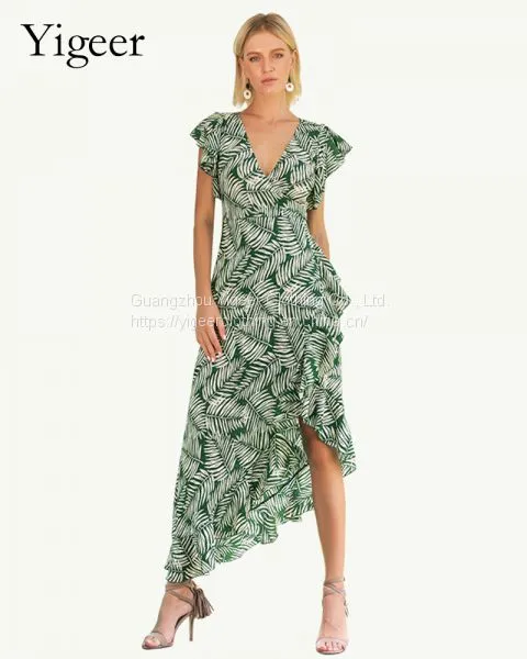 Ruffled Shoulder Deep V Irregular Him Casual Dress