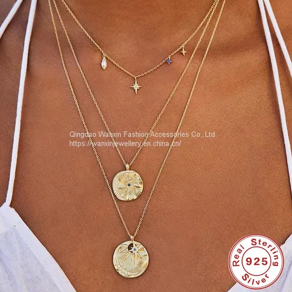 S925 Sterling Silver Octagonal Star Shaped Pearl Collarbone Necklace photo-4