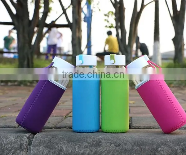 Promotional Gift Portable Reusable 500ml Glass Water Bottle Cheap Flat Glass Water Bottle With Color Cup Coat photo-2