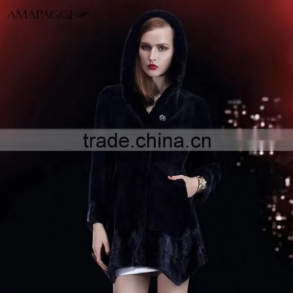 Popular Irregular Hem Coat Black Mink Women Fur Coat With Hood