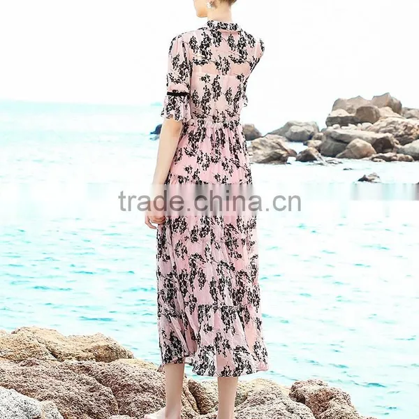 Maxnegio Printed Maxi Chiffon Long Pink Beach Dress photo-5