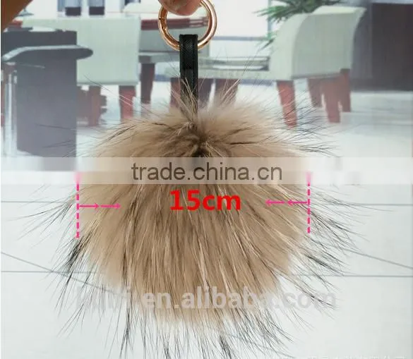 Fashion 15cm Fluffy Raccoon Fur Ball Keychain Real Fox Fur Keychain Fur Pompom Key Chain Pompon Keyring Charm Women Bag Pendant photo-2