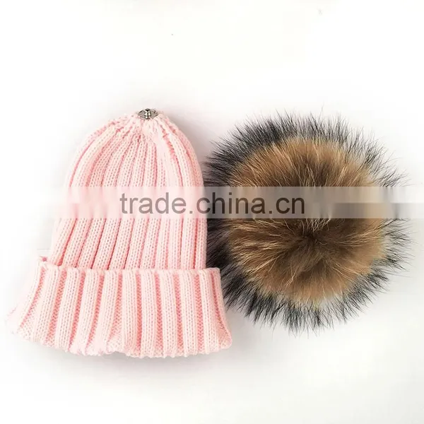 Myfur Wholesale Baby Pink Top Quality Raccoon Fur Pompoms Hat And Cap photo-2
