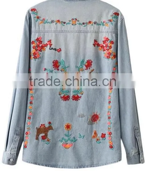 Runwaylover EY2348B New Design 2017 Ladies Fashion Embroidery Denim Blouse photo-2