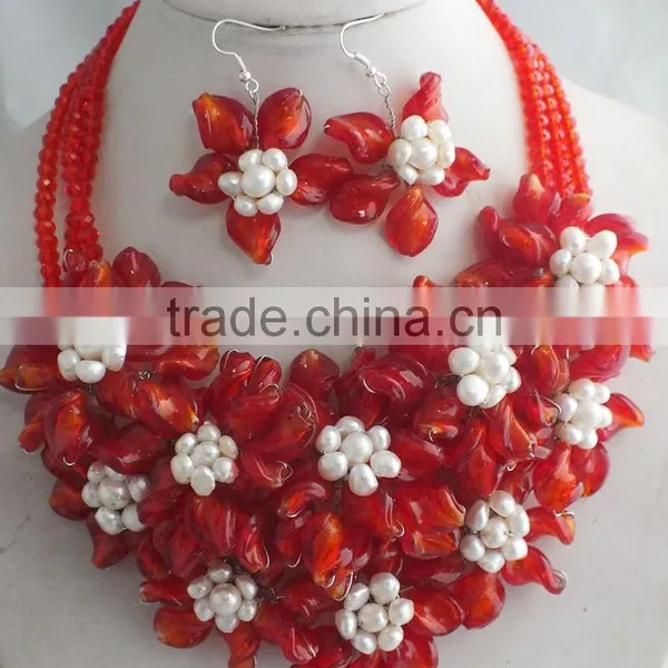 Especially Designed for Wedding!!! Your Own Style With Red Crystal and White Pearl Beads Jewelry Set photo-2