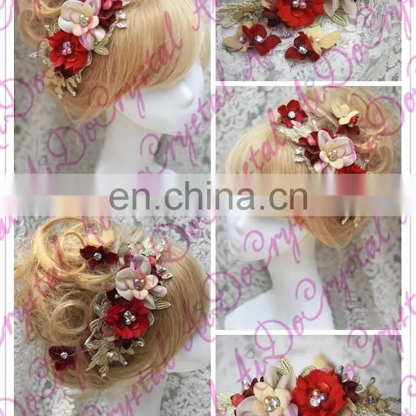 Aidocrystal Red With Gold Color Wedding Accessory Set Of 3 Hair Clips Bridal Accessory Handmade Hair Lace Flower Clip for Girls photo-2