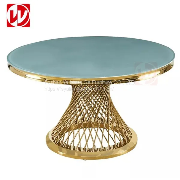 Antique Round Dining Room Furniture Restaurant Marble White Glass Top Golden Stainless Steel Wedding Banquet Table photo-4