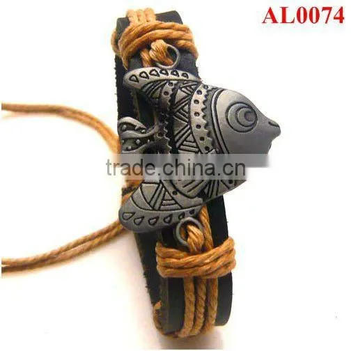Minority Jewelry, Tibetan Wristband, Alloy Genuine Leather Bracelet With a Flying Fish in Wax Cord AL0074