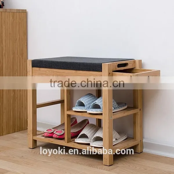 New Design Bamboo Shoe Rack Shoe Bench Seat Cushion Wooden Shoe Display Rack Drawer