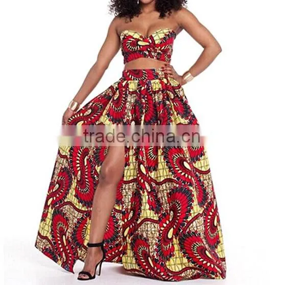 Pictures of Long Skirts and Tops for Trendy Strapless Printed High Split Red Qmilch Two-piece Skirt Set photo-2