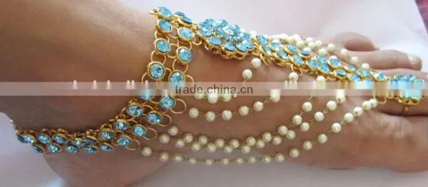 GOLD Tone TURQUOISE BLUE STONE Pearl PAYAL Anklets Toe Ring Barefoot Sandal photo-3