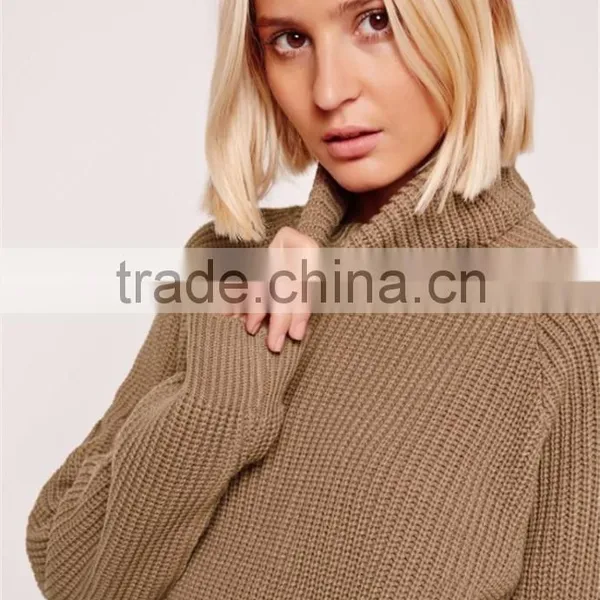 Oversized Drop Shoulder Roll Neck Crop Jumper Knitwear Sweater High Collar Pullover Brown Women Winter Clothings photo-5