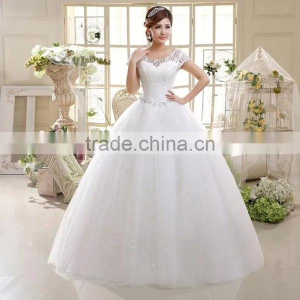 V Neck Cap Sleeve Long Trail Ball Gown 2017 Wedding Dresses photo-3