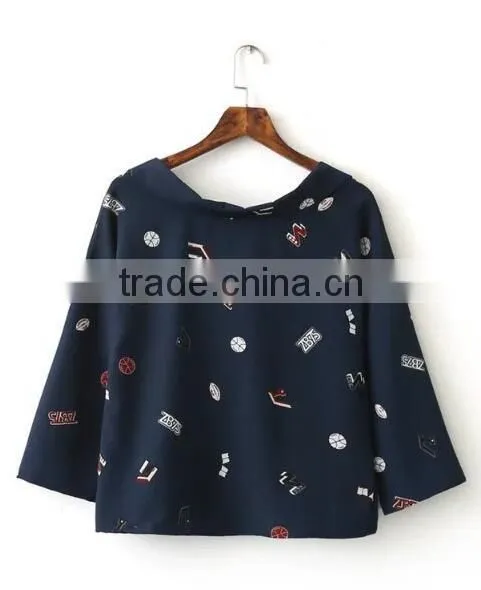 Runwaylover EY2339B Europe Style 2017 Ladies Fashion Label Printed Blouse photo-4
