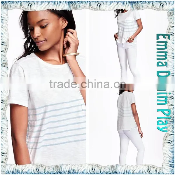 Fashion Models Custom Ladies Stripe Design White Cotton Scoop Neck Tee Shirt photo-4