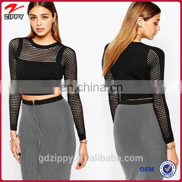 Black Mesh Long Sleeve Plain Crop Tops Wholesale