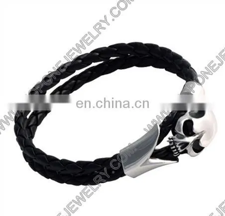 2017 Fashion Jewelry Skull Bracelet for Man Black Leather Stainless Steel photo-6