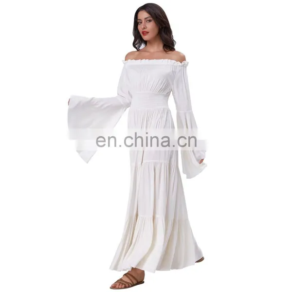 Belle Poque Retro Vintage Long Bell Sleeves Off Shoulder Cotton Flared A-Line Beige Long Maxi Dress BP000401-1 photo-2