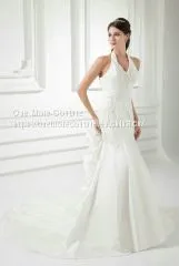 Halter Top Fit and Flare Taffeta Wedding Dresses With Pickups photo-5