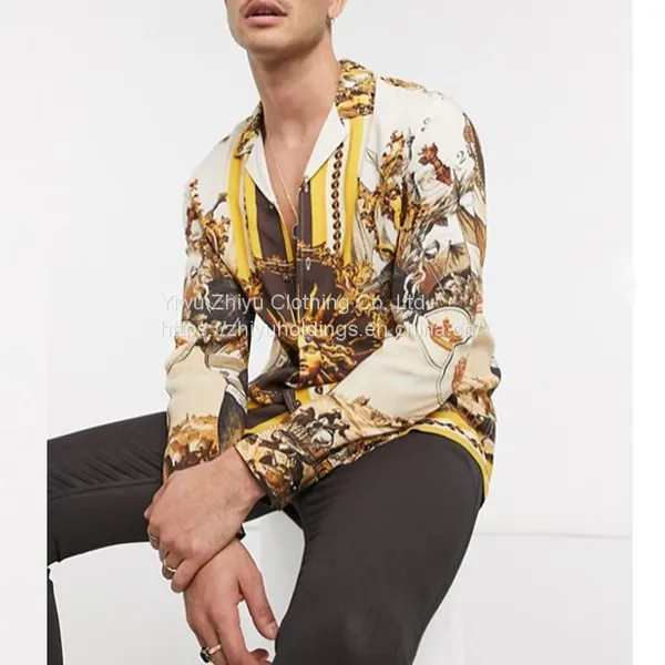 2022 Latest Design Printing Satin Button Down Shirt Custom Imitated Silk Cheap Men Long Sleeve Shirt