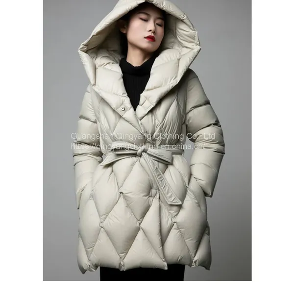 2023 High Quality Wholesale Quilted Hooded Down Padded Jacket With Belt Winter Coats for Women photo-4
