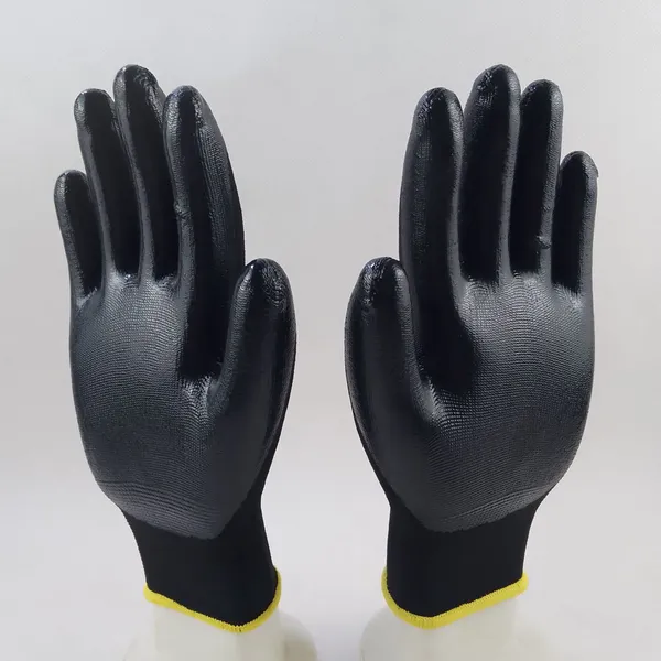 Black Polyester Knitted Black Nitrile Palm Coated Safety Work Gloves for Construction Workplace Workshop Plant Workers Wearing photo-4