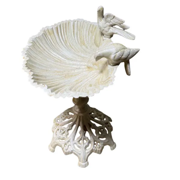 Heavy Duty Cast Iron Standing Bird Bath With 2 Decorative Birds Cream Shell photo-2