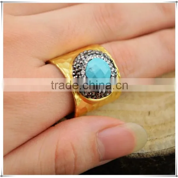 LFD-001R ~ Gold Plated Druzy Faceted Turquoise Stone Pave Rhinestone Crystal Rings For Women Jewelry Finding photo-3