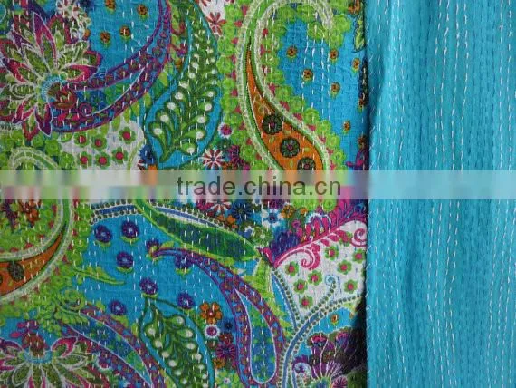 Blue Color Multi Print Paisley Cotton Bedspread, Decorative Queen Size Kantha Quilt, Reversible Indian Bed Cover, Designer Kanth photo-3