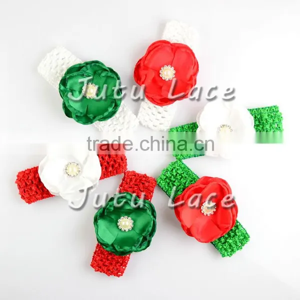 Red Green White Christmas DIY Kit Party Headband Kit -layer Satin Flower With Rhinestone Plus Crochet Elastic Headband photo-2