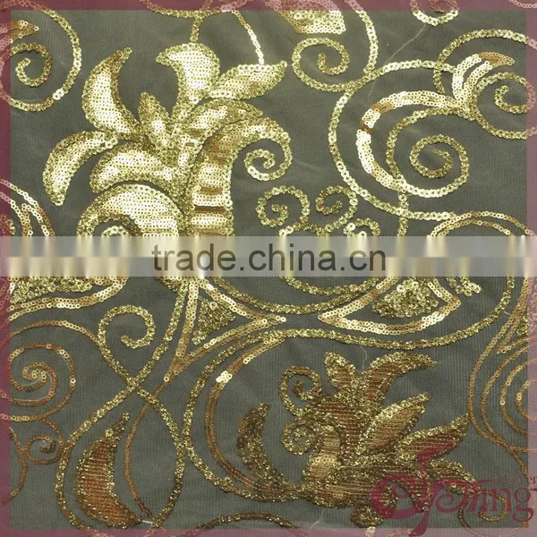 Gold Metallic Embroidery Mesh Fabric, Elegany Floral Embroidered Sequin Fabric photo-2