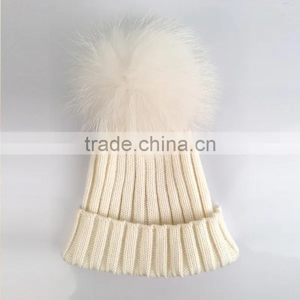 Myfur Elegant 30% Wool Knitted Striped Beanie Hat With Real Raccoon Fur Pom Pom photo-2
