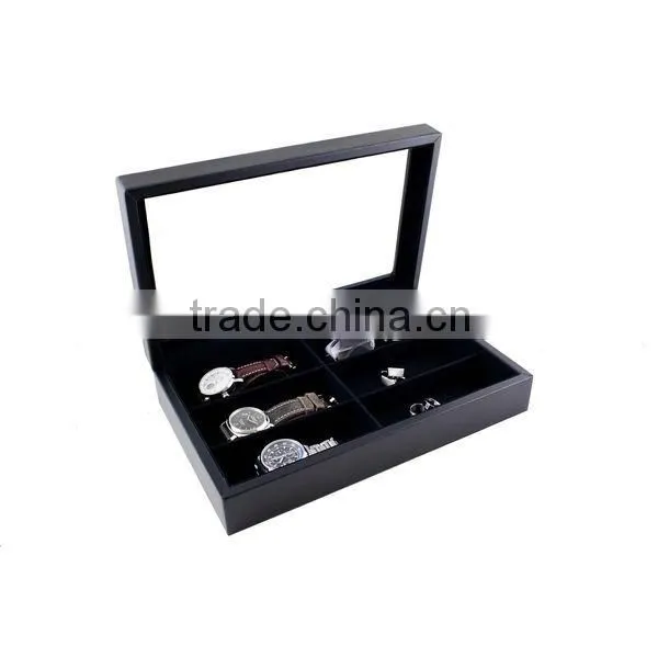 Custom Genuine Leather Glasses Case Watch Storage Box Jewelry Display Case With Glass Top photo-4