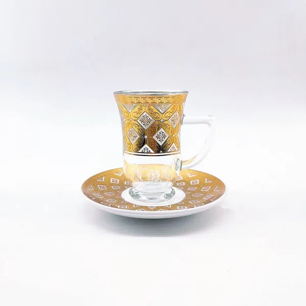 Gold Color 6 Pcs Cawa Cup of Clear Glass Arabic Tea Cup Sets photo-5