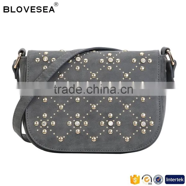 Casual personalized style flap patterned rivets women PU leather crossbody saddle bag