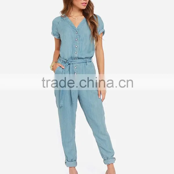 Women Sky Blue Belted Short Sleeve Slim Fit Jumpsuit Romper photo-4