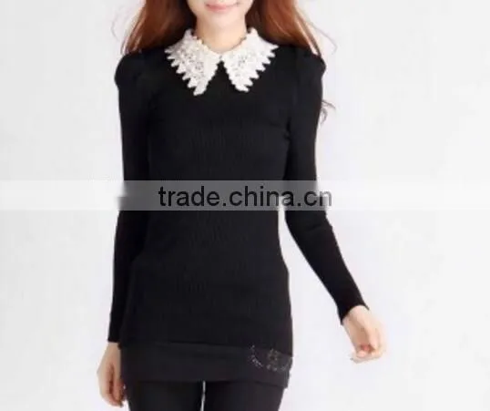 Doll Collar Stitching Lapel Shrug Bubble Sleeve Shirt Women Sweater photo-2