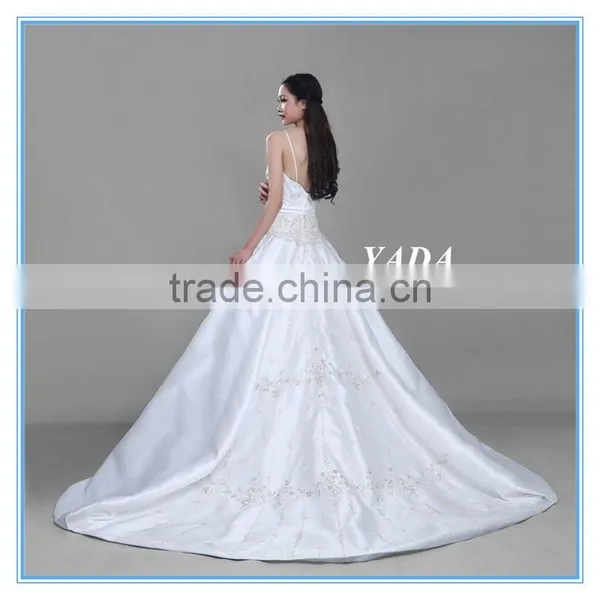 Custom Made Spaghetti Strap Douppioni Hand Embroidery and Beaded A Line Wedding Dress photo-5