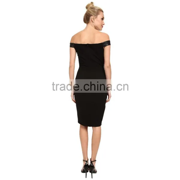 Black Slim off Shoulder Women Summer Dress With Leather Fabric photo-2