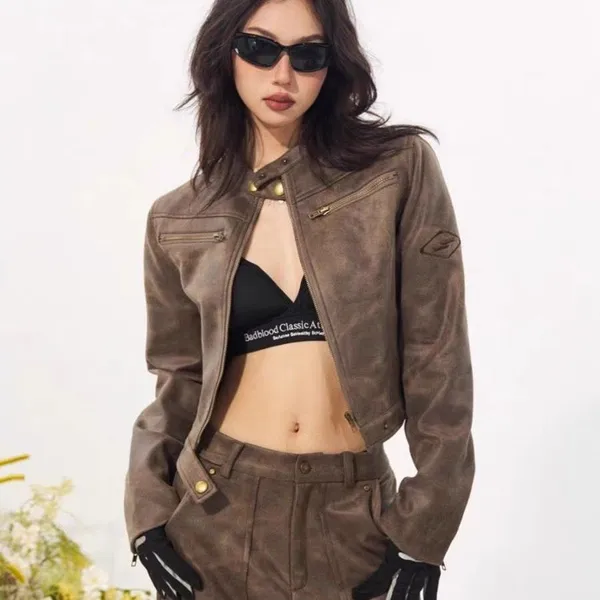 Custom Zupper Suede Windproof Motorcycle Jacket Fall Autumn Winter Zipper Short Crop Jacket Lady Women's Pu Leather Coat Jackets photo-4