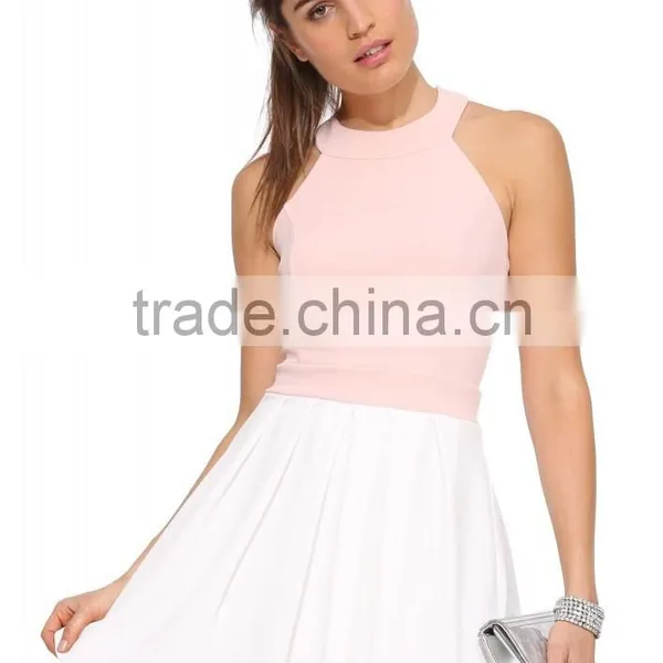Ladies Sweet Style Back Bow Round Halter Neck Cross Back Elegant Fit and Flare Short Dress photo-2