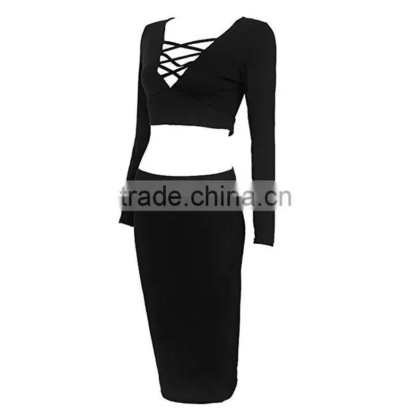 Pictures of Long Skirts and Tops for Sexy Womens 2Pcs Crop Top Midi Skirt Stretch Party Bandage Dresses photo-5
