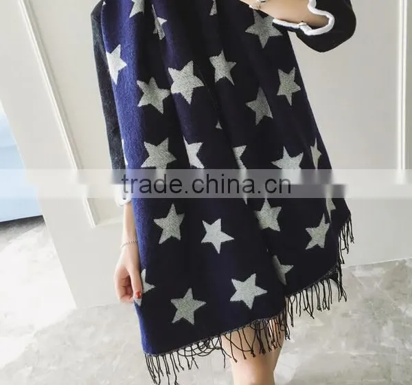 Wholesale Price 2017 New Arrival Girl Scarf White Stars Blue Bottom Color Printed 200*68cm School Student Tippet With Tassels photo-6