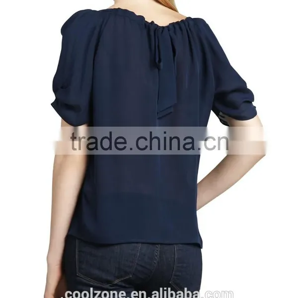 Latest Pleated Neck Puffed Shoulders Silk Blouse Elegant Silk Blouses Models photo-5