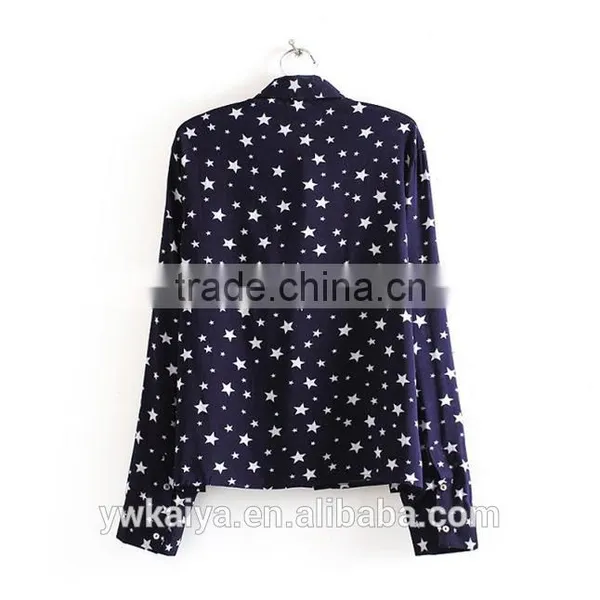 CVC Slim Fit Star Blue Fancy Casual Long Sleeve Women Shirt Wholesale photo-2