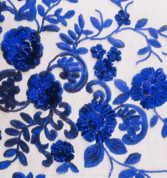 Cheap Wholesale Glitter Blue Fringe Flower Sequin Lace Fabric