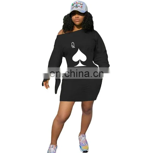 Long Sleeve Dresses Women Fashion 2021 Poker Print One Shoulder Solid Mini Woman Dress Casual Streetwear Plus Size Vestidos photo-3