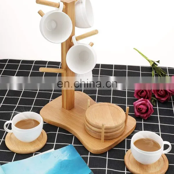 Household Multi-function Bamboo Coffee Cup Drying Holder Rack With 6 Coasters For Gift photo-2